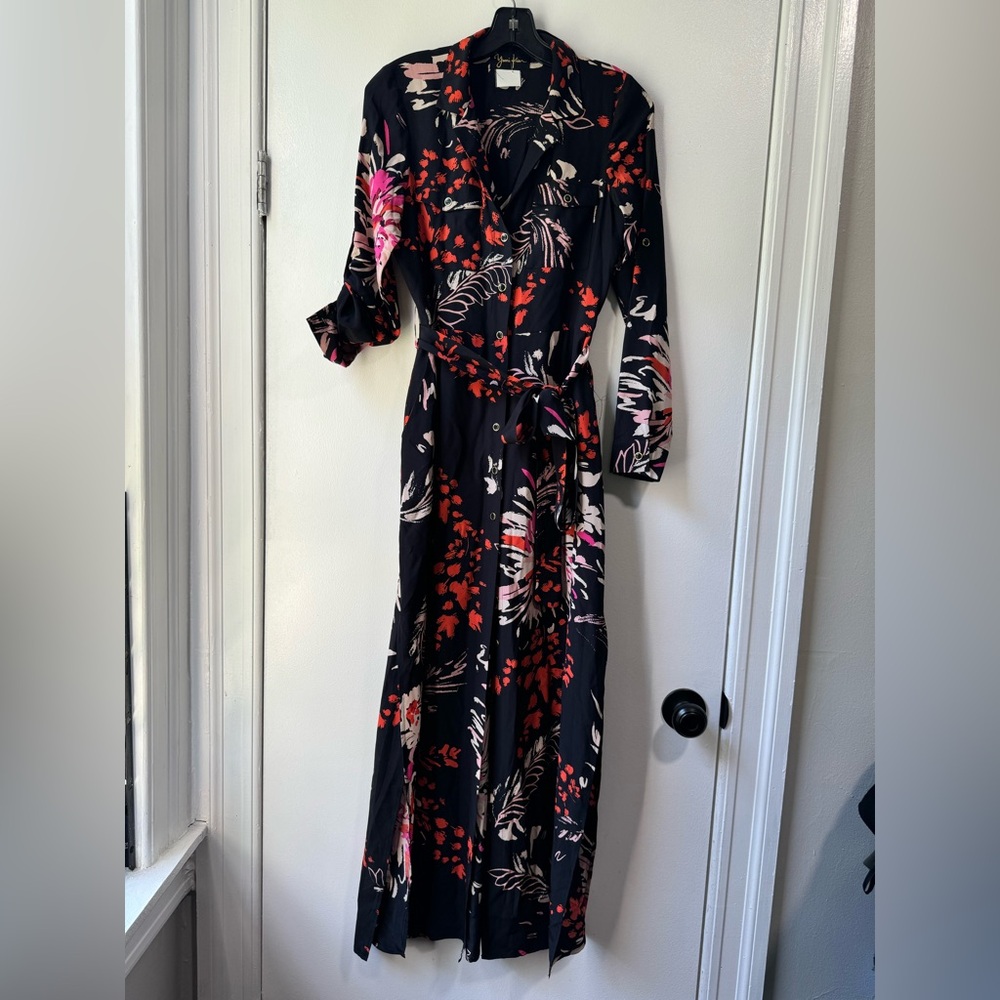 Yumi Kim 100% Slik Black Floral Long Sleeve Dress